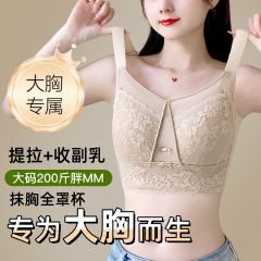 蕾丝胖MM无痕内衣女大胸显小透气无钢圈收副乳防下垂聚拢大码文胸