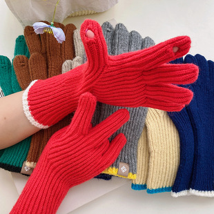 Korean color matching missing finger labeling gloves student warm gloves five-finger gloves touch screen cold-proof solid color knitted gloves