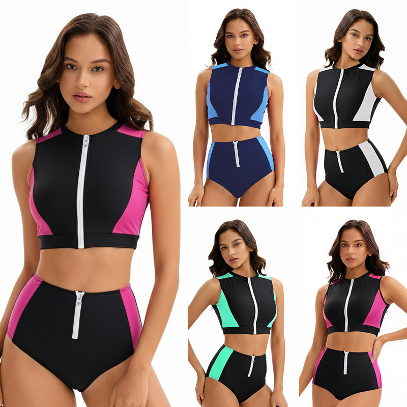 New European and American Cross-Border Foreign Trade High-Waisted Conservative Sports Swimwear Women's Split Two-Piece Racing Swimsuit Ready for Sale