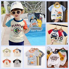 韩版童装卡通印花拼色短袖T恤宝宝撞色插肩上衣摆摊服装夏季儿童