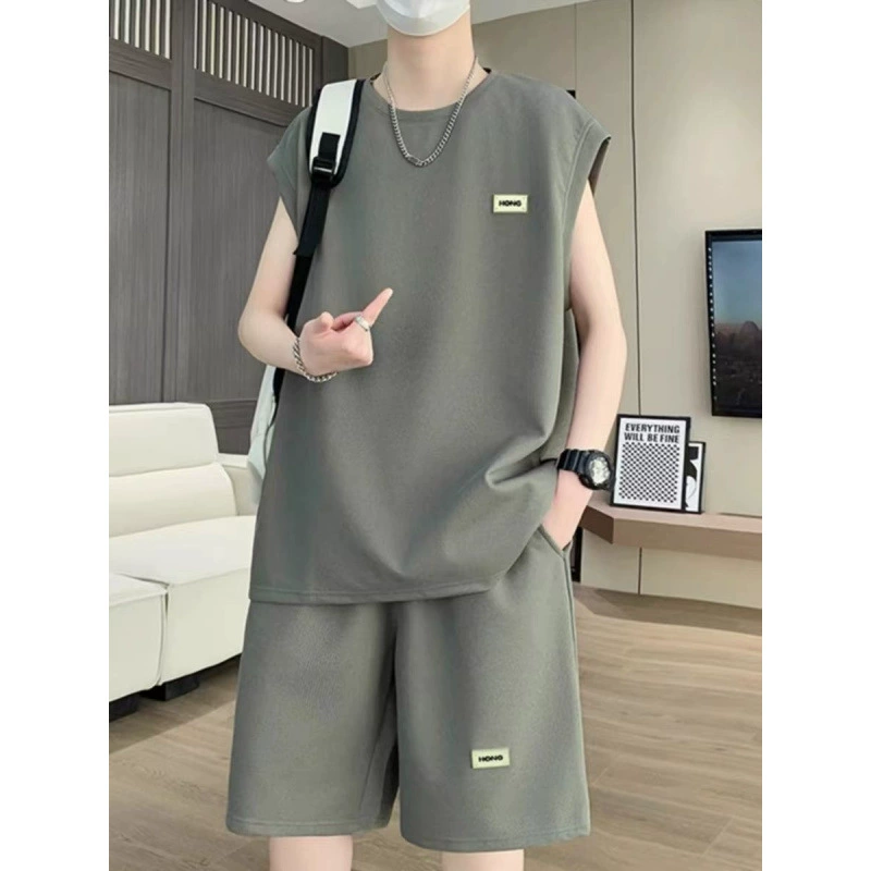 Летний мужской костюм без рукавов в гонконгском стиле, свободный жилет из ледяного шелка, повседневный спортивный костюм, модный комплект из двух предметов