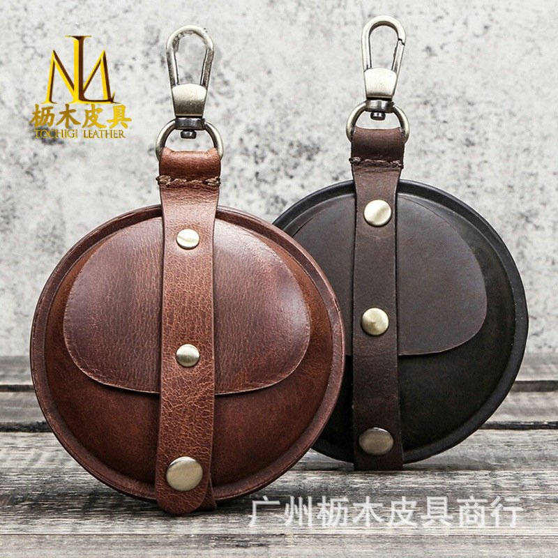 Japanese Lotte Crazy Horse Leather Apple Bluetooth Headset Protective Case Round Cover Wired Headset Storage Bag