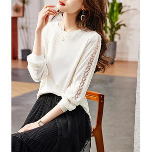 2025 Spring Women's New Round Neck Hollow Lace Splicing Long Sleeve T-Shirt Women's Loose Tops Ready in Stock