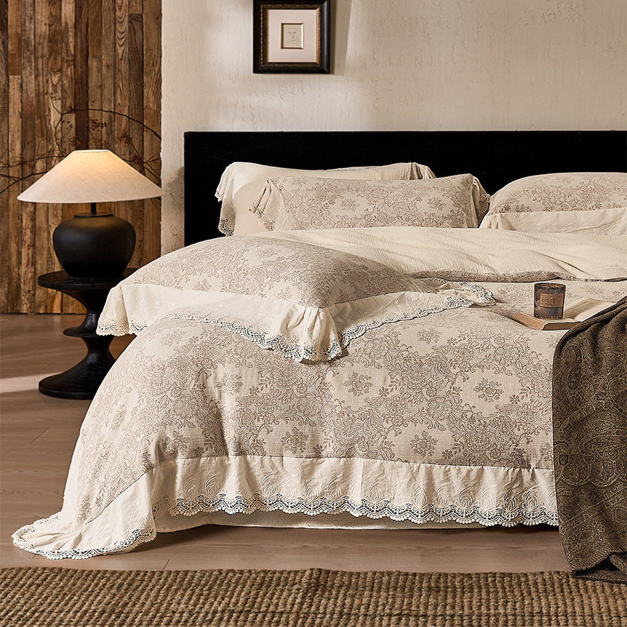 Cotton and Linen Yarn-Dyed Lace Single and Double Bed Sheetss Washed Four-Piece Set Pure Cotton Japanese Style Simple Linen Bedding