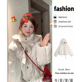日系学院风彩色波点连帽棉服外套女冬季新款加厚保暖面包服