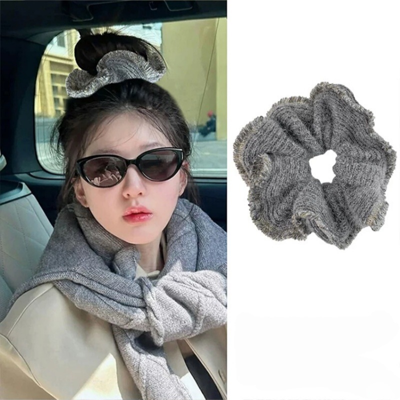 Little Chanel Style ~ Gray Wool Knit Ruffle Hair Tie, Age-Reducing Gold Lace Hair Ring, Scrunchie