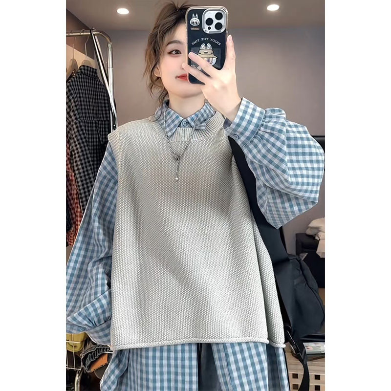 慵懒松弛感套装女早秋季蓝色格子衬衫外搭针织马甲牛仔长裤三件套|undefined