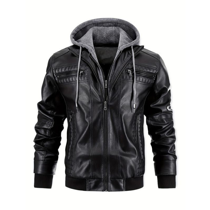 Jackets Coats Men Leather Hooded Jacket Casual Biker Bomber