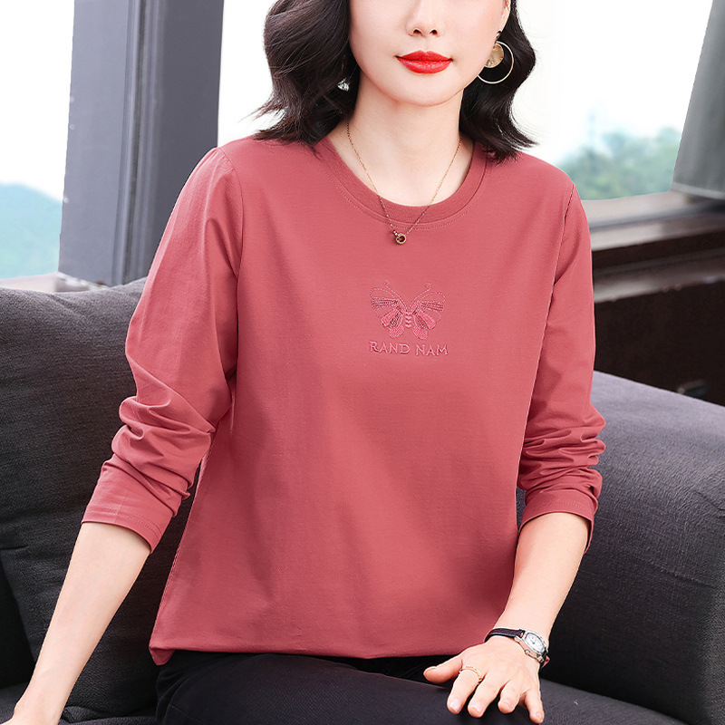 2025 New Long-Sleeved T-Shirt Pullover Top for Women, Loose Large Size Mother's Wear, Pure Cotton Embroider, Casual Elegant