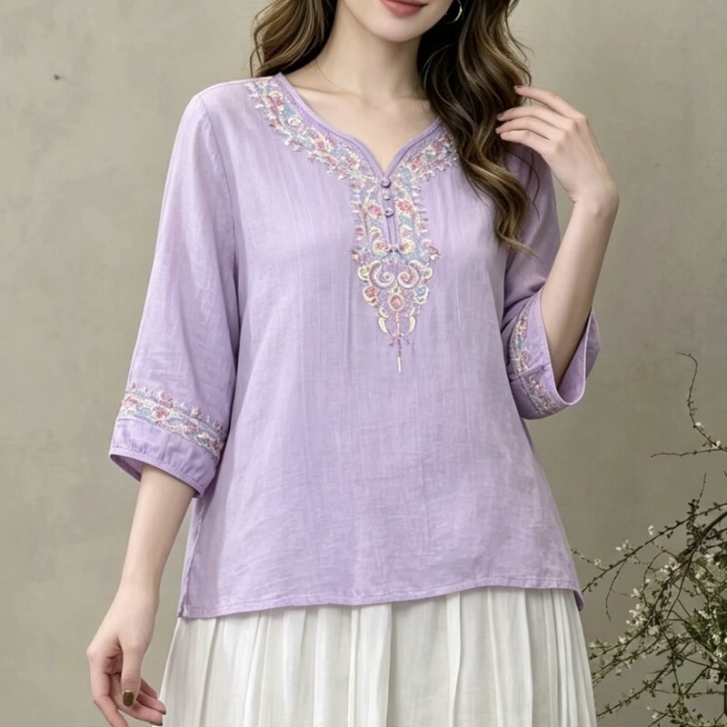 Artistic Retro V-Neck Embroidered Cotton Shirt, Women's T-Shirt, Casual Loose Pullover Top, Slimming High-End Blouse Artistic Retro V-Neck Embroidered Cotton Shirt, Women's T-Shirt, Casual Loose Pullover Top, Slimming High-End Blouse