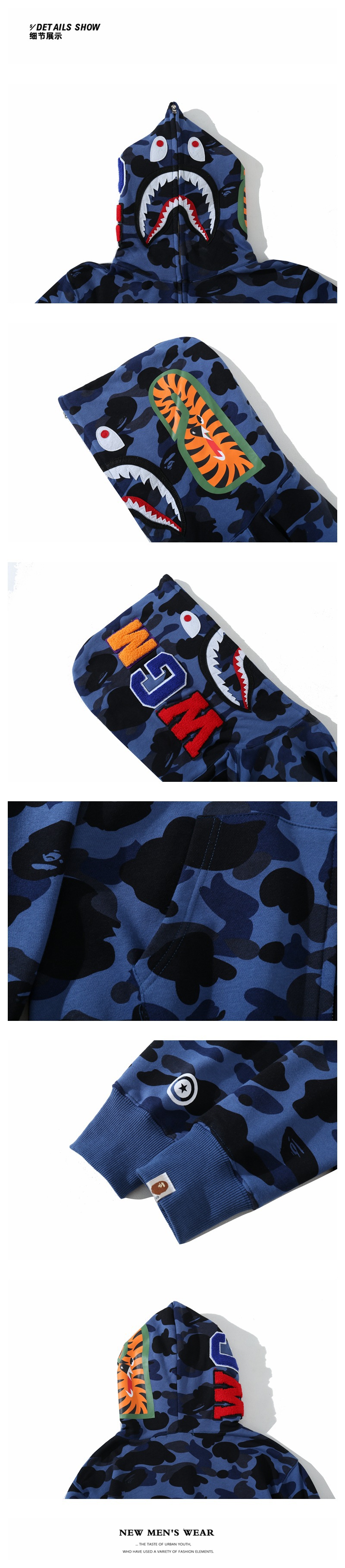 The new autumn and winter trendy brand shark-head loop hoodies for men and women, casual camouflage thin hoodies and loose jackets pic 5