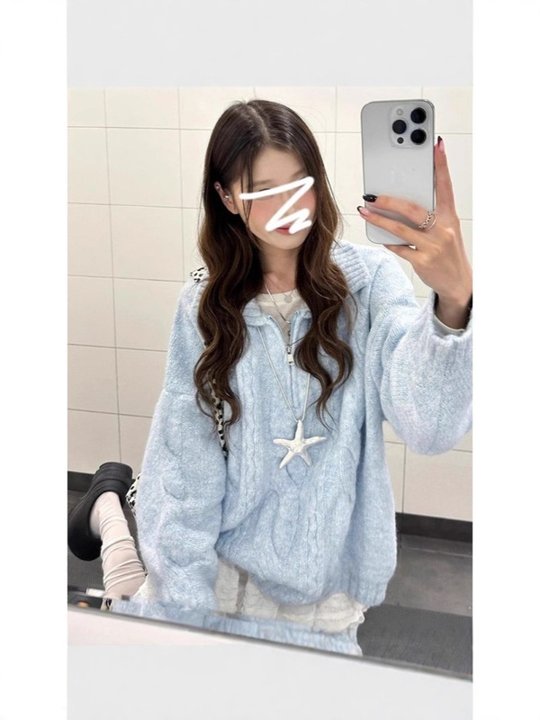韩系休闲蓝色奶fufu翻领毛衣女春秋冬高级感甜美套头宽松针织上衣|undefined