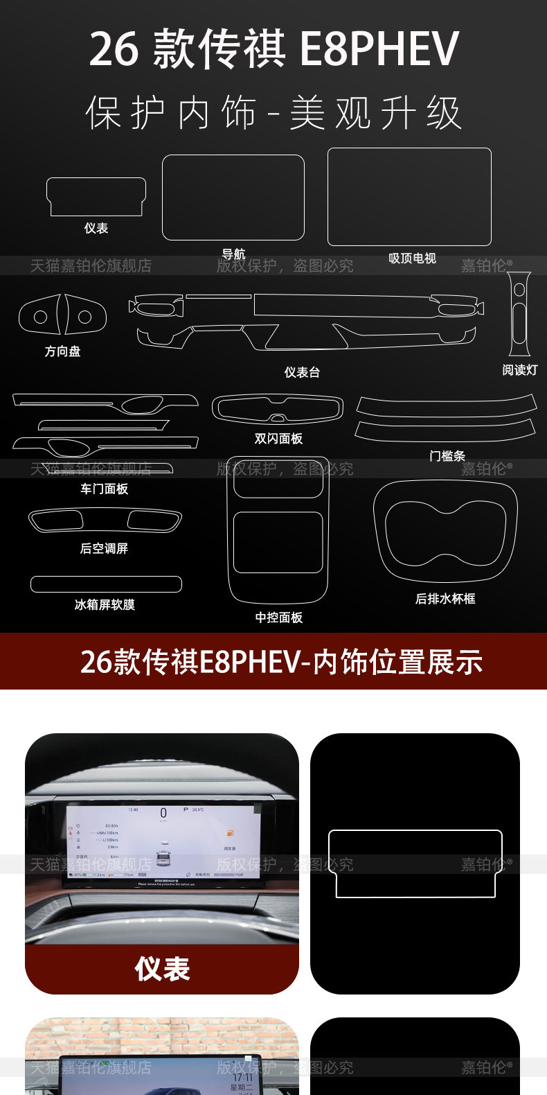 Suitable for 26 models of GAC Trumpchi E8phev, refrigerator button screen protector, center console tempered film, interior film, modification accessories