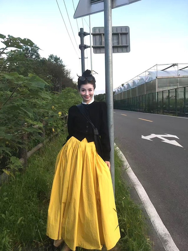 设计感套装小众假两件长袖针织衫女秋季高腰黄色长裙半身裙两件套|undefined