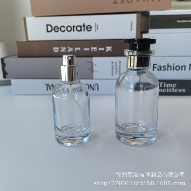スポットラボ円筒形香水ガラスボトル 30ml50ml プッシュ式スプレーロゴバヨネットネジ透明|undefined