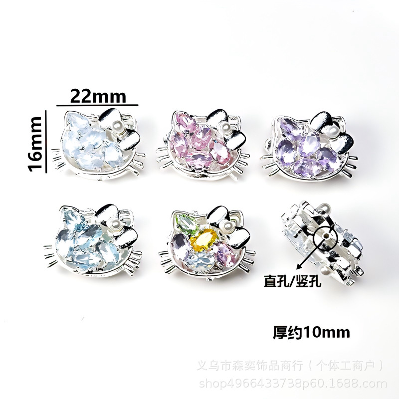 Sen Yi Jewelry Double-Sided Zircon-Inlaid Kt Cat Head Beads with Hole for DIY Straight Hole Beading Phone Chain Accessories