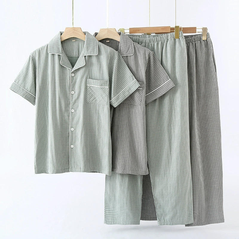 Летний Мужской Хлопковый костюм для домашней одежды, простой клетчатый тонкий кардиган с короткими рукавами в японском стиле, пижама, свободная хлопковая