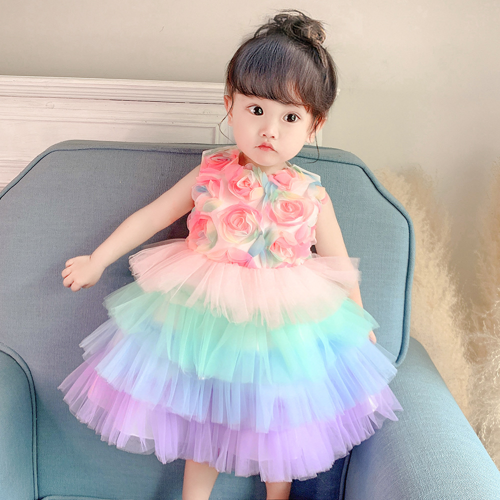 2024 New European and American Children's Baby First Birthday Dress Flower Girl Puffy Cake Skirt Wedding Dress Princess Skirt for Girls 