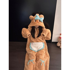 可爱卡通黄油小熊连体珊瑚绒睡衣女冬季大码加厚家居服可外穿套装
