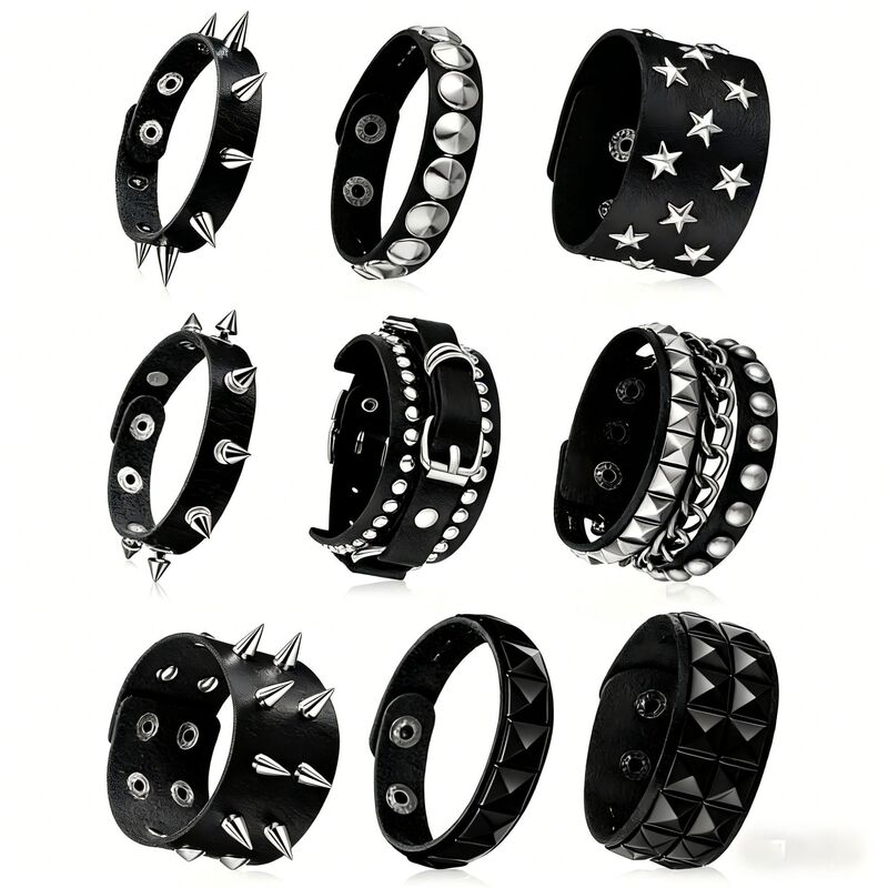 9 pieces of new European and American style men's leather wide bracelets with skull rivets, punk street dance wristbands, cross-border accessories