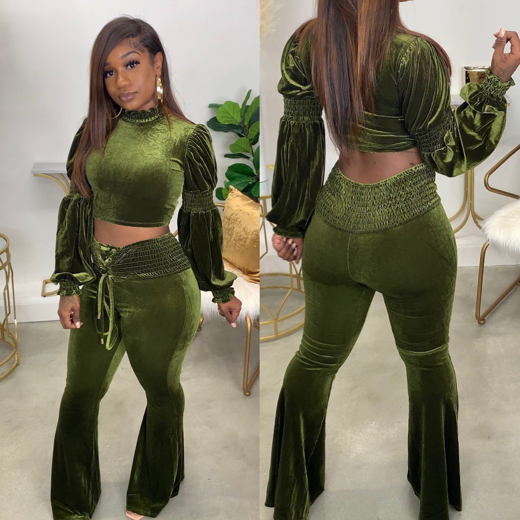 H1753 亚马逊热卖秋冬新款 灯笼袖喇叭裤跨境时尚休闲套装 两件套