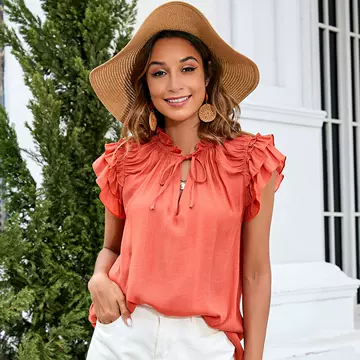 Summer New Solid Color Ruffle Sleeve Top V-Neck Women's T-Shirt - ShopShipShake