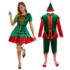 2025年クロスボーダーホットスタイルクリスマスコスチュームグリーンクリスマススカート男性と女性の大人のカップルステージパフォーマンスコスチューム