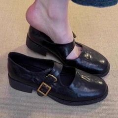 シープスキンバージョン〜本革レトロフレンチシューズレディース通勤黒厚底小さめ革靴ワンラインバックルメリージェーンシューズ