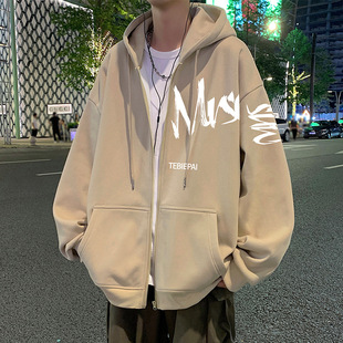 American Style Lazy Style Sweater Jacket Men's Spring and Autumn 2025 New Hooded Heavy Loose Men's Zipper Cardigan Trendy