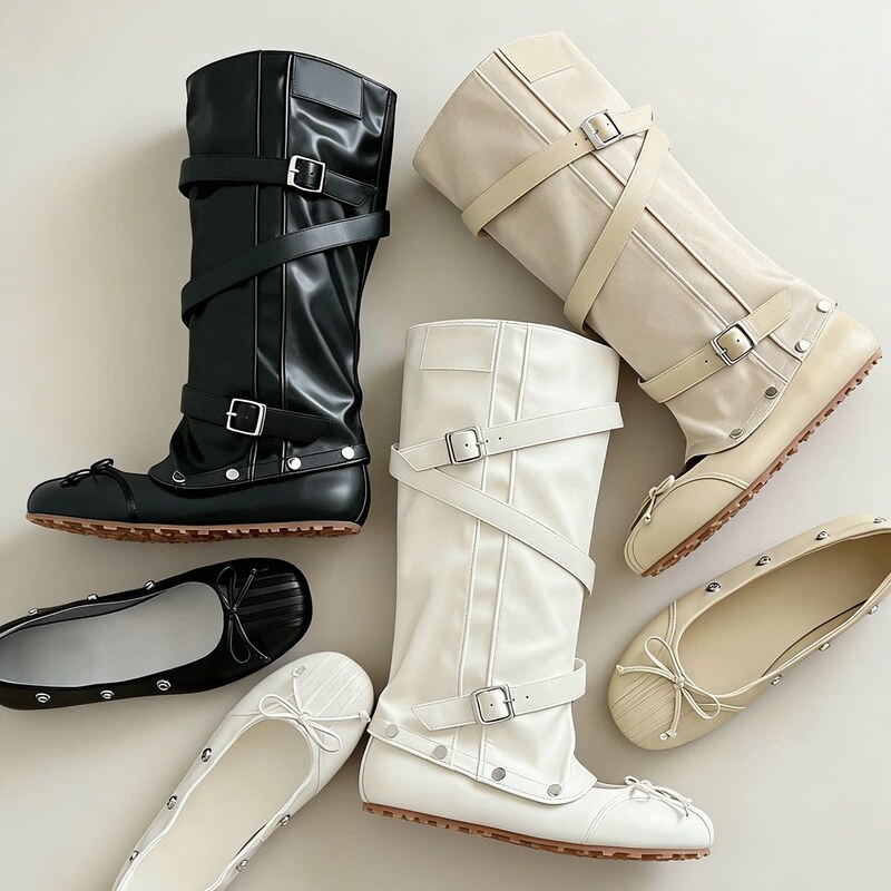 Korean Style Belt Buckle Long Boots for Women 2026 New Style Convertible Booties Detachable Slouchy Boots Flat Ballet Shoes Korean Style Belt Buckle Long Boots for Women 2026 New Style Convertible Booties Detachable Slouchy Boots Flat Ballet Shoes