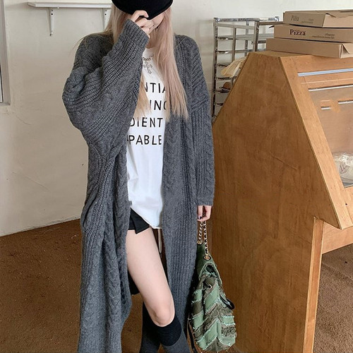 Retro lazy style versatile knitted hemp pattern autumn and winter loose, thick and warm long cardigan sweater jacket for women