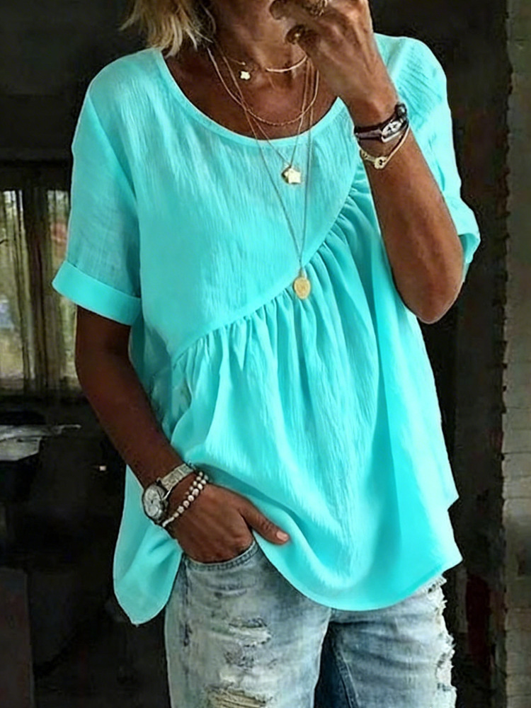 Women's Solid Color Ruffle Detail Short Sleeve T-Shirt round Neck Blouse Casual Outfit with Shirring_ecoleips.com