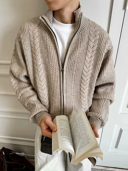 Retro Old Money Style Wheat Ear Twisted Collar Knitted Cardigan Men's Autum Lazy Style Khaki Zipper Sweater Jacket