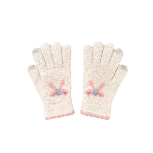 Touch screen knitted gloves for women in autumn and winter woolen warm five-finger cute student winter cycling new bow