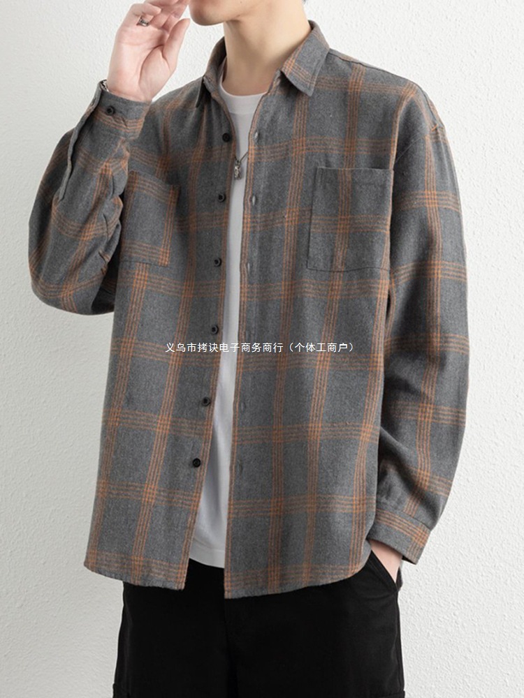 格子衬衫男长袖港风复古ins韩版宽松休闲衬衣学院风百搭磨毛外套