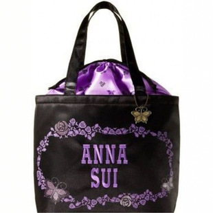 Magazine Style Classic Purple Anna*Sui Embroidered Drawstring Pocket Shoulder Handbag Large Capacity 2-Piece Set