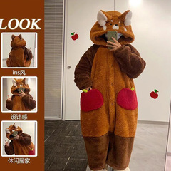 アライグマのパジャマの女性のタイプの冬の寝衣のサンゴの毛の厚いベルベットの長いタイプの連体の秋冬の部屋の服のスーツ