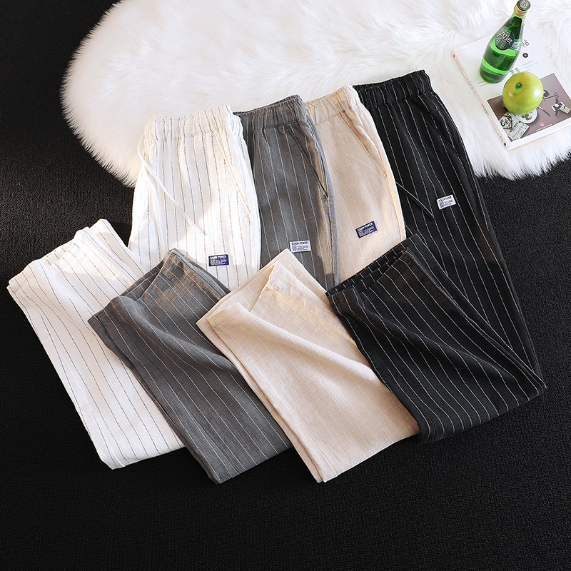 Spring and Summer New Men's Straight Pants Linen Casual Long Pants Harem Pants Black and White Stripesd Non-Elastic Cotton and Linen Wide-Leg Pants