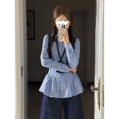 学院風の青い格子の長袖のシャツの女性の秋の韓系の復古の襟の修身はやせて腰の独特な小さいシャツを収めます。