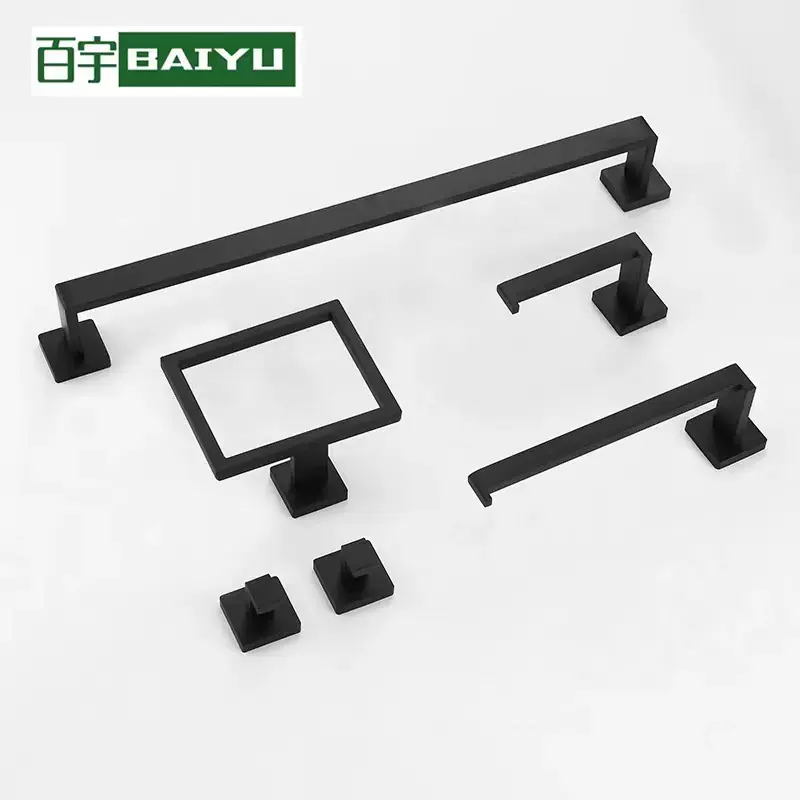 跨境浴室套件不锈钢毛巾杆方型毛巾环卫生间黑色单杆壁挂挂钩现货