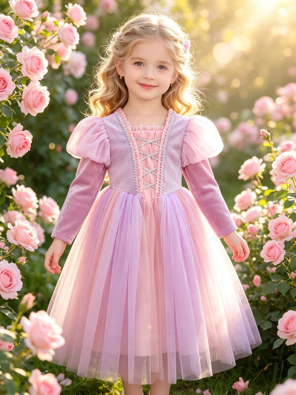 Girls' Frozen Autumn and Winter New Style Sofia Long-Haired Princess Dress Elsa Princess Holiday Party Dress