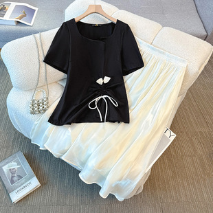 65-175kg Plus Size Women's Fat mm Summer New Style Asymmetrical Square Neck Short-Sleeved Top High-Waisted Skirt Suit