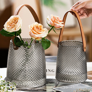 American Accessible Luxury Creative Leather Satchel Vase Glass Water-Raised Flower Arrangement Rose Lily Living Room Table Decoration Ornaments