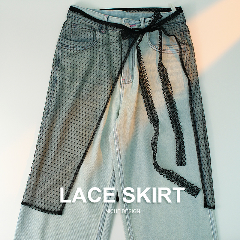 韩版叠穿蕾丝裙帘屁帘一片式半身裙围裙系带网纱沙滩泳装搭配遮掩
