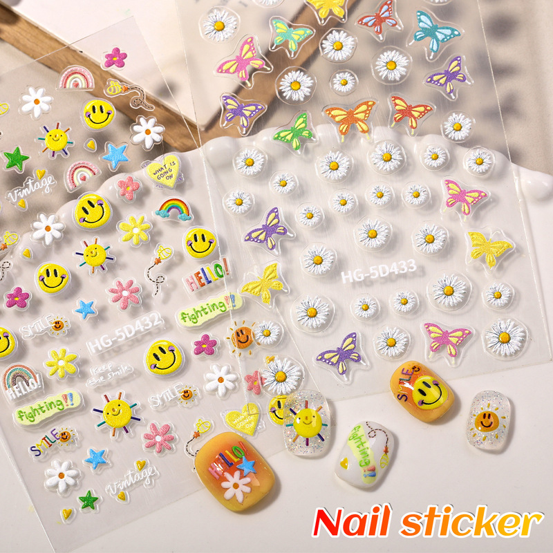 New Smiling Face Flower Butterfly Relief Sticker Popular Spring Daisy 3D Waterproof Nail Sticker Wholesale New Smiling Face Flower Butterfly Relief Sticker Popular Spring Daisy 3D Waterproof Nail Sticker Wholesale