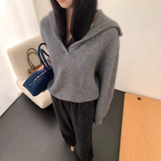 设计感翻领套头毛衣女装秋冬宽松短款显瘦韩系时尚减龄针织衫上衣