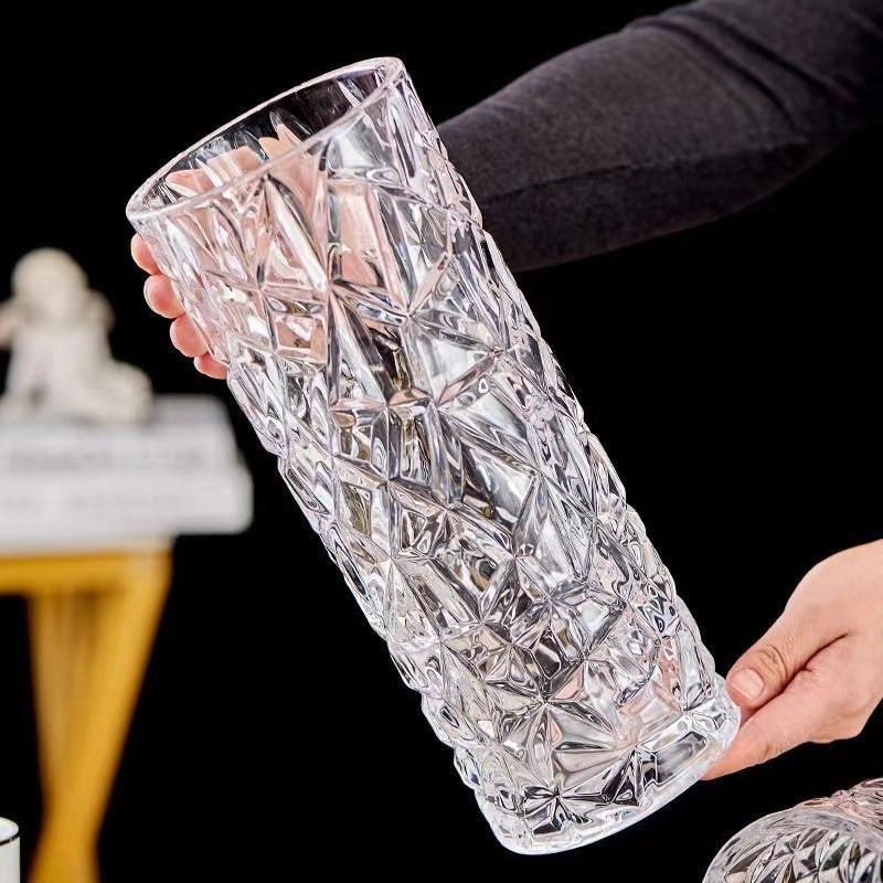 Simple jarrón de vidrio estriado de hielo lujoso de alto nivel jarrón transparente sala de estar tamaño grande lirio rica ornamentación de flores de bambú