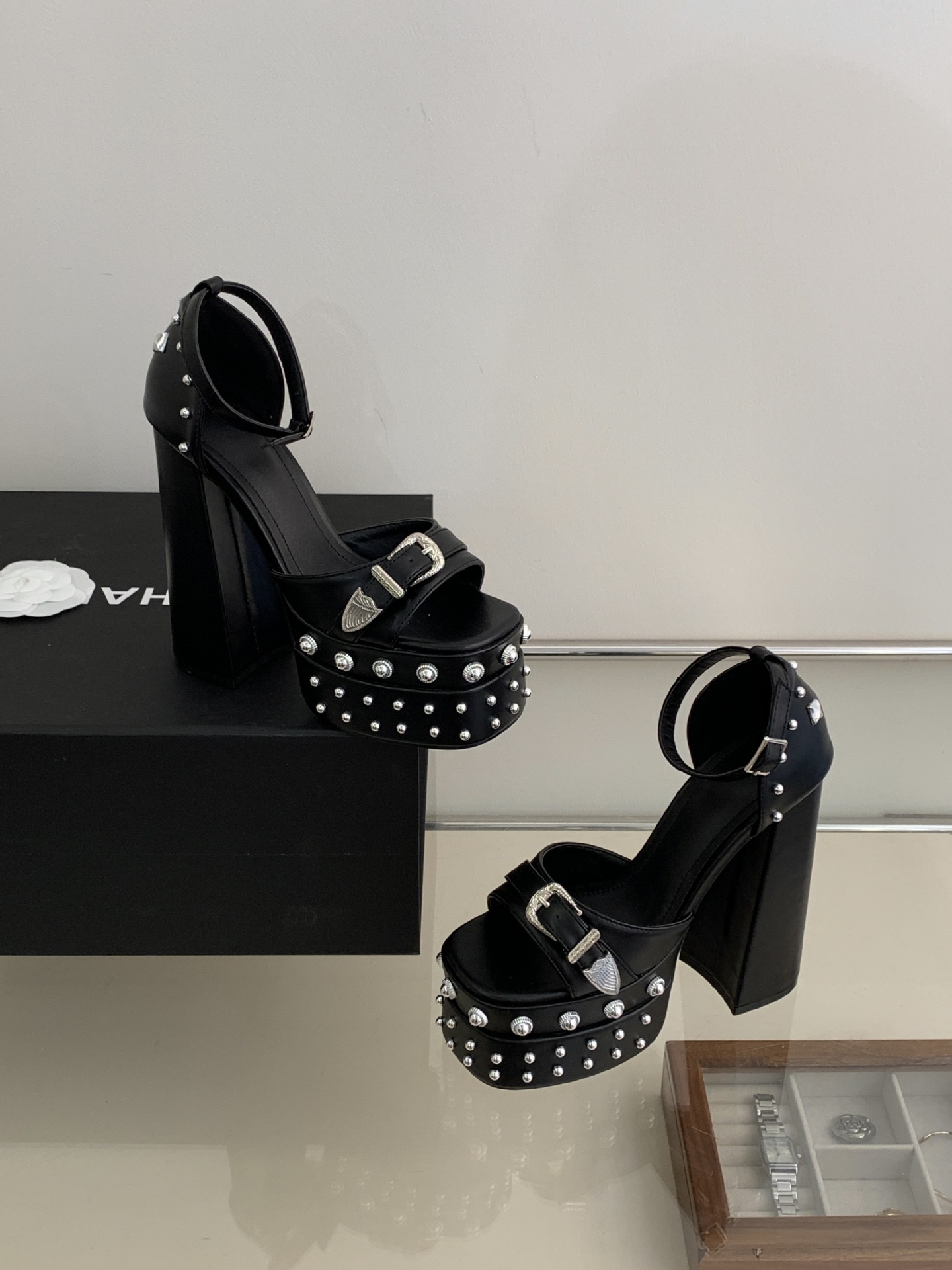 Sandal cao gót nữ hở mũi đính đá, quai một chữ, gót 14,5 cm, đế platform — màu đen chi tiết 22