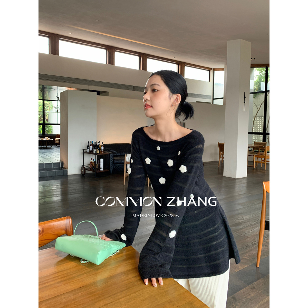 CZ ZHANG秋羊毛针织衫女条纹镂空甜美钉花收腰裙摆中长毛衣B35661