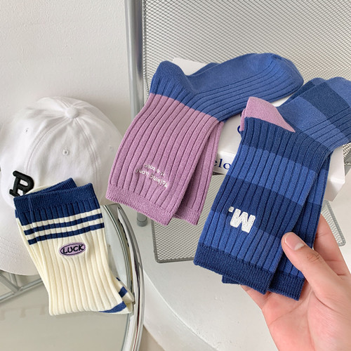 Double needle embroidery - purple series socks women's mid-calf socks spring and summer striped color matching long tube cotton socks ins fashion hot-selling 
